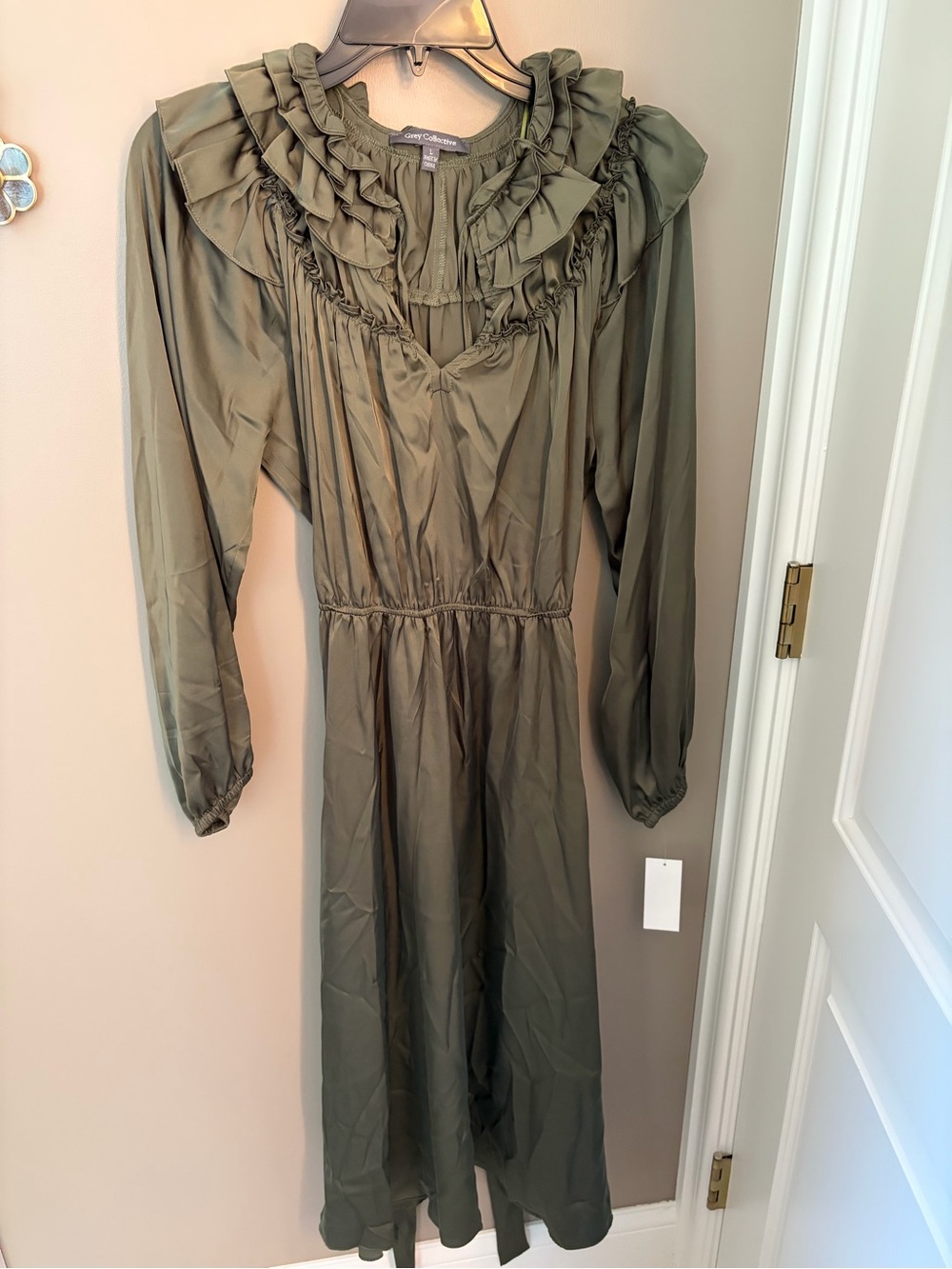Olive Ruffle-Neck Long Sleeve Midi Dress